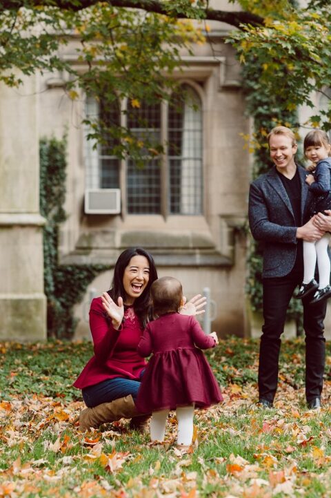Windy morning spent at Princeton University Campus with Melissa, Joe, Everly and Cecilia. Everyone was bit cold and new to this family session but soon after how much fun and silly we can be during the photo session Everly warmed up, took her jacker off and ran. She ran, fell, hopped and would not stop posing for me. Till the moment we were ready to go home Everly posed, asked me to take more photos of her. Such a fun time with Bowen family during their family session at Princeton NJ photographed by Karis from Hey Karis. Photograph is like freezing time, motion in print, movie turned into a book. Now booking 2021 and 2022 weddings.