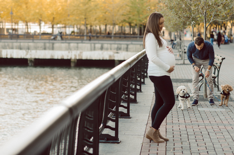 Very hot & sunny afternoon in November I met with Sam and Nick for the maternity session. This expecting parents brought their two fur babies out with them in the hopes of getting some photos of just four before the baby comes next months. Their puppies Cats and Cabo are shih-poos (shih Tzu and Toy Poodle mix) and are too adorable. With Case, Cabo walking along their parents sides we walked along the waterfront of Hoboken NJ. Sam was literally glowing like a porcelain doll and Nick looked so excited and a bit nervous for boy’s arrival. Sam and Nick’s maternity/family session in Hoboken NJ photographed by Karis from Hey Karis. Photograph is like freezing time, motion in print, movie turned into a book. Now booking 2021 and 2022 weddings.
