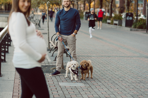 Very hot & sunny afternoon in November I met with Sam and Nick for the maternity session. This expecting parents brought their two fur babies out with them in the hopes of getting some photos of just four before the baby comes next months. Their puppies Cats and Cabo are shih-poos (shih Tzu and Toy Poodle mix) and are too adorable. With Case, Cabo walking along their parents sides we walked along the waterfront of Hoboken NJ. Sam was literally glowing like a porcelain doll and Nick looked so excited and a bit nervous for boy’s arrival. Sam and Nick’s maternity/family session in Hoboken NJ photographed by Karis from Hey Karis. Photograph is like freezing time, motion in print, movie turned into a book. Now booking 2021 and 2022 weddings.