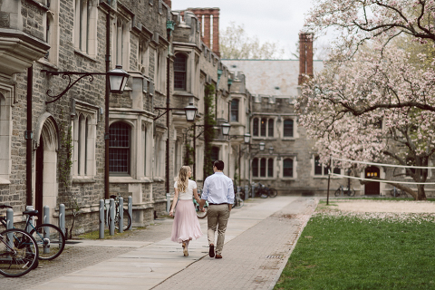 Hillary and Will's Princeton NJ engagement, we met late afternoon hoping to catch the golden hour/ glorious sunset but the weather turned to overcast real fast. But no one was complaining, we managed to catch rich, deep colors of spring. Hunter greens on trees and grass, all the Spring blooms. Played around with composition, leading lines, creating avant-garde romanticism. Hillary and Will's romantic engagement session at Jasna Princeton NJ captured by Karis from NY NJ wedding elopement photographer Hey Karis.