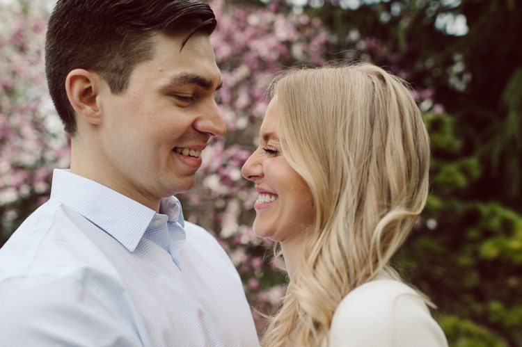 Hillary and Will's Princeton NJ engagement, we met late afternoon hoping to catch the golden hour/ glorious sunset but the weather turned to overcast real fast. But no one was complaining, we managed to catch rich, deep colors of spring. Hunter greens on trees and grass, all the Spring blooms. Played around with composition, leading lines, creating avant-garde romanticism. Hillary and Will's romantic engagement session at Jasna Princeton NJ captured by Karis from NY NJ wedding elopement photographer Hey Karis.