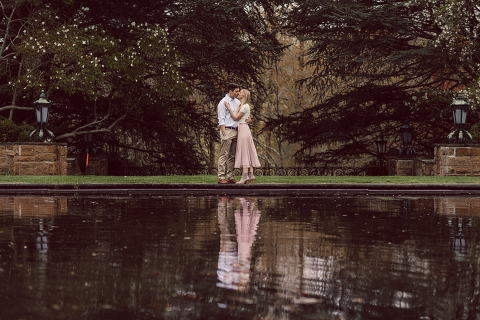 Hillary and Will's Princeton NJ engagement, we met late afternoon hoping to catch the golden hour/ glorious sunset but the weather turned to overcast real fast. But no one was complaining, we managed to catch rich, deep colors of spring. Hunter greens on trees and grass, all the Spring blooms. Played around with composition, leading lines, creating avant-garde romanticism. Hillary and Will's romantic engagement session at Jasna Princeton NJ captured by Karis from NY NJ wedding elopement photographer Hey Karis.