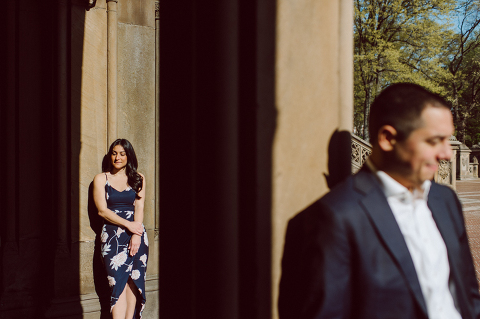 Bethesda Terrace Arcade in Central Park NY in my opinion alway so lovely. I saw Brianna and Joe standing in the middle of Bethesda Terrace next to the fountain. We walked right into the crowd of Central Park and started our engagement session. Cherry Blossoms were still in bloom along with all the spring blooms. Spring sun was brilliant and smiles on Brianna and Joe during the engagement session was so beautiful. Brianna and Joe's Bethesda Terrace Arcade in Central Park NY engagement session captured by NY NJ Weddings, Elopements and Family Photographer Karis.