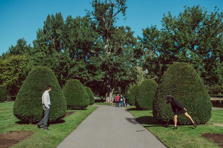 Flew to Cambridge Boston to hang out with Alexis and Kevin for their engagement session. Woke up 4am to catch 6am flight to Cambridge, Boston on a super busy Friday in October. Physically I was super tired but was super excited to meet Alexis and Kevin and also to shoot at a new environment other than NY & NJ. I felt Kevin and Alexis' kindness and warmth the moment I met Kevin when he came to pick me up at Boston Airport while Alexis was still getting ready for early morning engagement session. We drove around Alexis and Kevin's familiar places around Boston and we wrapped up the session at Life Alive Cafe where Alexis and Kevin had their first date during covid-19 lock down. They became each other's bubble friend then to being engaged. We all say if you survive COVID-19 lock down together you can do anything together! Alexis and Kevin's Boston Garden engagement session photographed by by Huson Valley, Catskills, NY and NJ Farm, Adventure Wedding and Elopement Photographer Karis | Hey Karis