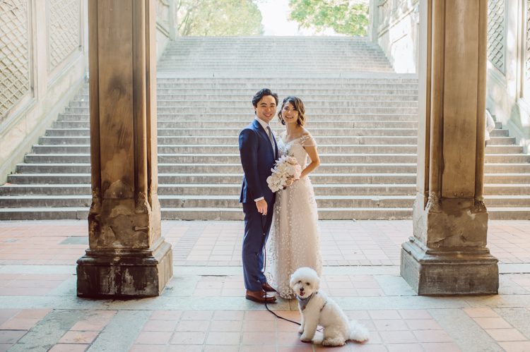 Monica and Will had a very simple intimate elopement planned at Central Park, NY then little reception with friends and parents are Instagram famous "Prince Tea House". Monica and Will's first look took place by Bethesda Fountain along with their beloved pup Appa (white fluffy Bichon Frise) We walked around Bethesda Fountain/Arcade getting some wedding portraits for Monica, Will and Appa then we walked towards Cop-Cot Central Park for Monica and Will's super intimate wedding ceremony officiated by his brother and joined by their parents, siblings and one friend. This super mini wedding ceremony was straight to the point and quick! At Prince Tea House about 20-30 friends of Monica and Will joined to celebrate the newly weds over some tea, biscuits and sandwiches. Monica and Will's Cop-Cot Central Park elopement, Prince Tea House wedding reception photographed by NYC elopement, Hudson Valley, Catskills, NY and NJ Farm, Adventure Wedding and Elopement Photographer Karis | Hey Karis