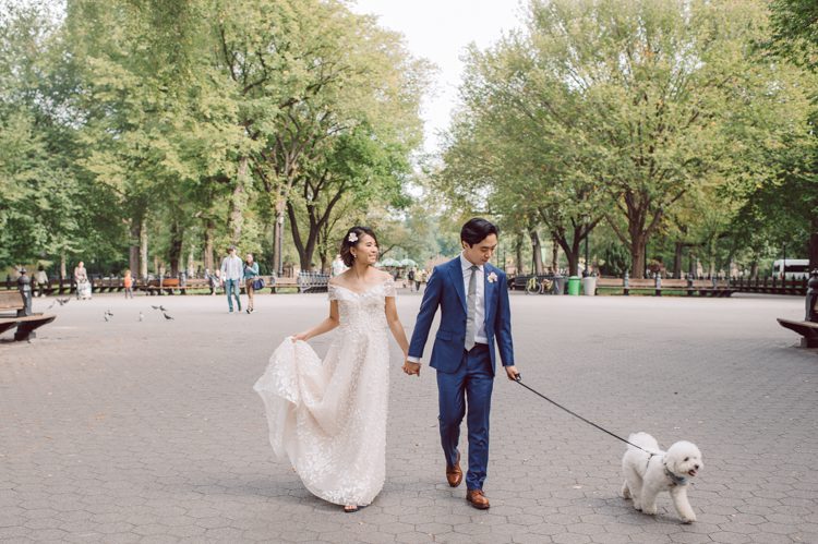 Monica and Will had a very simple intimate elopement planned at Central Park, NY then little reception with friends and parents are Instagram famous "Prince Tea House". Monica and Will's first look took place by Bethesda Fountain along with their beloved pup Appa (white fluffy Bichon Frise) We walked around Bethesda Fountain/Arcade getting some wedding portraits for Monica, Will and Appa then we walked towards Cop-Cot Central Park for Monica and Will's super intimate wedding ceremony officiated by his brother and joined by their parents, siblings and one friend. This super mini wedding ceremony was straight to the point and quick! At Prince Tea House about 20-30 friends of Monica and Will joined to celebrate the newly weds over some tea, biscuits and sandwiches. Monica and Will's Cop-Cot Central Park elopement, Prince Tea House wedding reception photographed by NYC elopement, Hudson Valley, Catskills, NY and NJ Farm, Adventure Wedding and Elopement Photographer Karis | Hey Karis