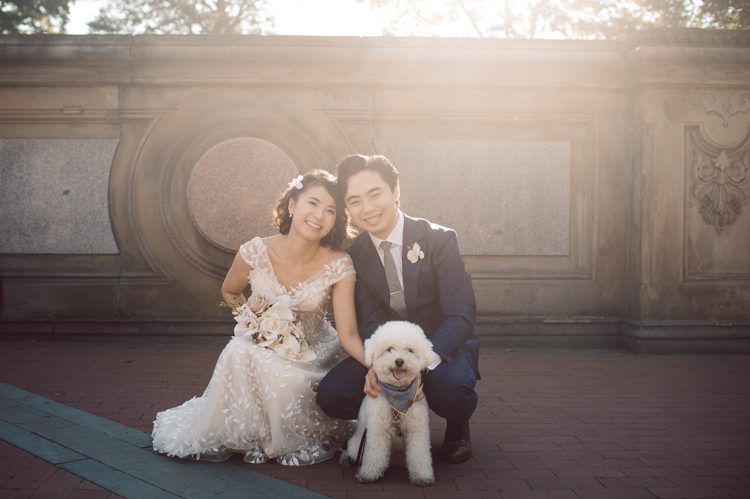 Monica and Will had a very simple intimate elopement planned at Central Park, NY then little reception with friends and parents are Instagram famous "Prince Tea House". Monica and Will's first look took place by Bethesda Fountain along with their beloved pup Appa (white fluffy Bichon Frise) We walked around Bethesda Fountain/Arcade getting some wedding portraits for Monica, Will and Appa then we walked towards Cop-Cot Central Park for Monica and Will's super intimate wedding ceremony officiated by his brother and joined by their parents, siblings and one friend. This super mini wedding ceremony was straight to the point and quick! At Prince Tea House about 20-30 friends of Monica and Will joined to celebrate the newly weds over some tea, biscuits and sandwiches. Monica and Will's Cop-Cot Central Park elopement, Prince Tea House wedding reception photographed by NYC elopement, Hudson Valley, Catskills, NY and NJ Farm, Adventure Wedding and Elopement Photographer Karis | Hey Karis