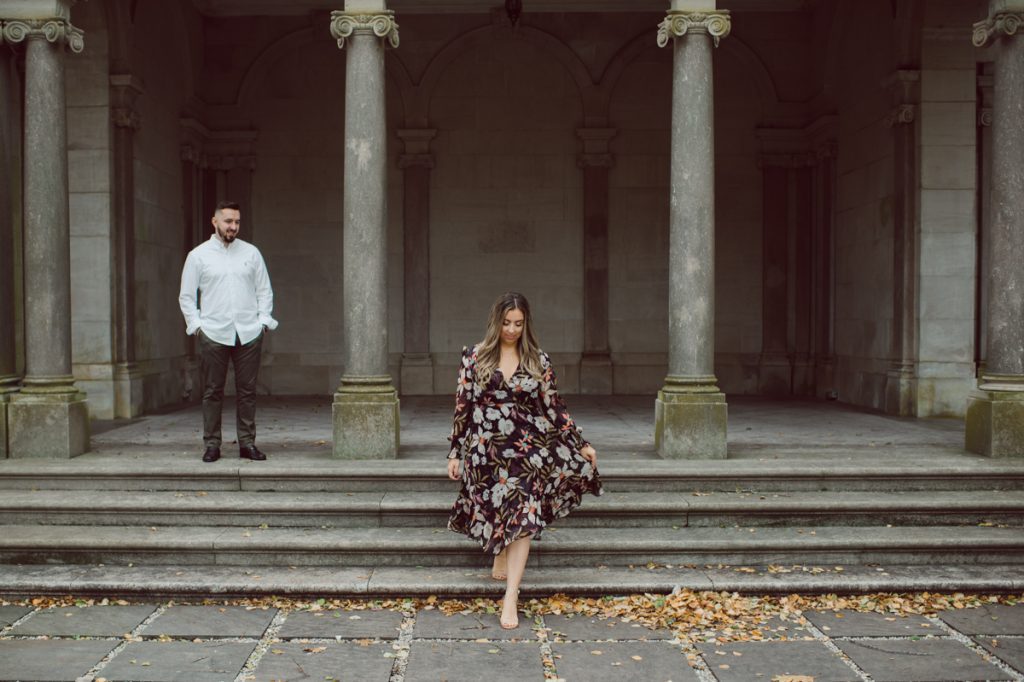 Samantha and Mike met while attending Monmouth University in West Long Branch, NJ. Sam and Mike's relationship wasn't a romantic one in the beginning but slowly they felt love for each other and one perfect day they became a couple. For their Fall engagement session, Sam and Mike decided to visit their old campus for their engagement session where it all began for them. Sam and Mike's Monmouth University Engagement photographed by NYC elopement, Hudson Valley, Catskills, NY and NJ, Farm, Adventure Wedding and Elopement Photographer Karis | Hey Karis