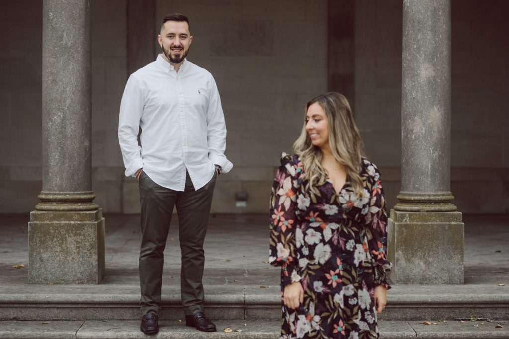 Samantha and Mike met while attending Monmouth University in West Long Branch, NJ. Sam and Mike's relationship wasn't a romantic one in the beginning but slowly they felt love for each other and one perfect day they became a couple. For their Fall engagement session, Sam and Mike decided to visit their old campus for their engagement session where it all began for them. Sam and Mike's Monmouth University Engagement photographed by NYC elopement, Hudson Valley, Catskills, NY and NJ, Farm, Adventure Wedding and Elopement Photographer Karis | Hey Karis