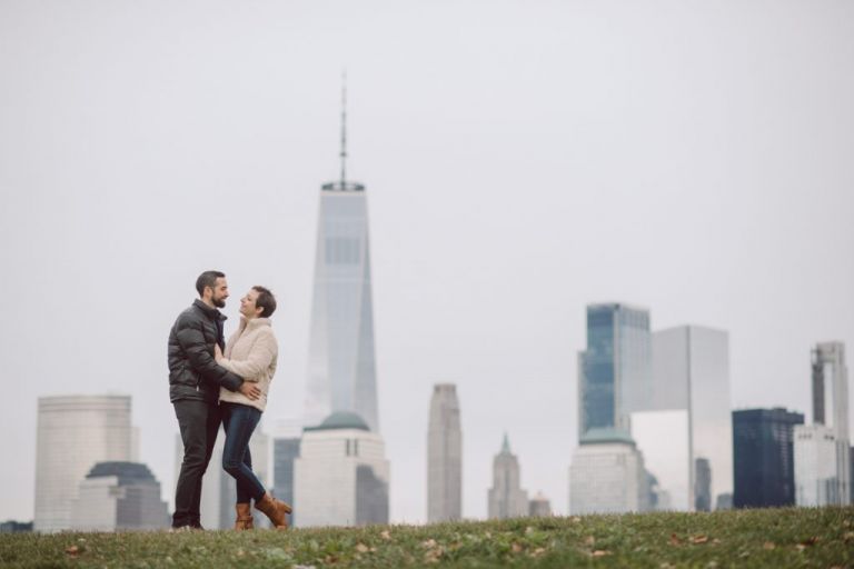 Jackie and Aron moved to the NYC from Hoboken and Jersey City area. And remembered loving the view of NYC from Liberty State Park so we chose Liberty State Park for their engagement session. It was one of the colder day in November but Jackie and Aron took the cold breeze like a champ and we created some rocking engagement photos. Jackie and Aron's Liberty State Park Jersey City NJ photographed by Hudson Valley, Catskills, NYC and NJ, Fun Wedding and Intimate Elopement Photographer | Hey Karis.