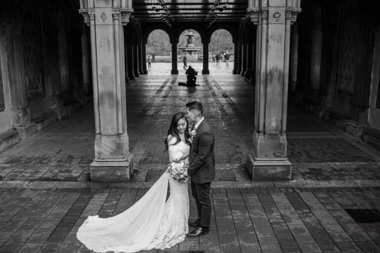 Raymond reached out to me about a month ago regarding his elopement plans at Central Park, NY. Specifically on the Bow Bridge Central Park, NY. His original elopement plan only included his finace and himself plus the officiant but as all wedding plans go they ended up adding their parents and family to the celebration. Rose and Raymond's Central Park NY elopement started bit rainy and gloomy but rain stopped right on time for Rose and Raymond's Bow Bridge elopement. Then we walked around Bethesda Fountain and Bethesda Arcade for some wedding portraits. Rose and Raymond braved the chilly almost freezing NYC weather during the portrait time and we were able to get some amazing photos at Central Park. Rose and Raymond's Central Park NY Elopement photographed by Hudson Valley, Catskills, NYC and NJ, Fun Weddings and Intimate Elopements Photographer | Hey Karis.