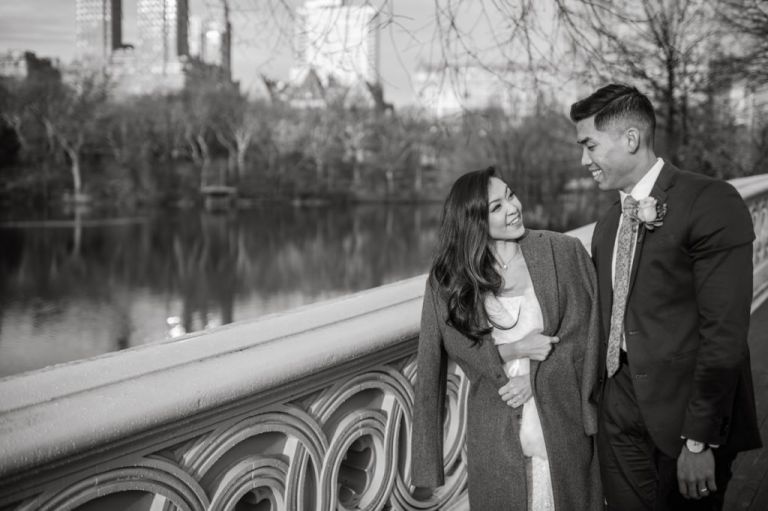 Raymond reached out to me about a month ago regarding his elopement plans at Central Park, NY. Specifically on the Bow Bridge Central Park, NY. His original elopement plan only included his finace and himself plus the officiant but as all wedding plans go they ended up adding their parents and family to the celebration. Rose and Raymond's Central Park NY elopement started bit rainy and gloomy but rain stopped right on time for Rose and Raymond's Bow Bridge elopement. Then we walked around Bethesda Fountain and Bethesda Arcade for some wedding portraits. Rose and Raymond braved the chilly almost freezing NYC weather during the portrait time and we were able to get some amazing photos at Central Park. Rose and Raymond's Central Park NY Elopement photographed by Hudson Valley, Catskills, NYC and NJ, Fun Weddings and Intimate Elopements Photographer | Hey Karis.