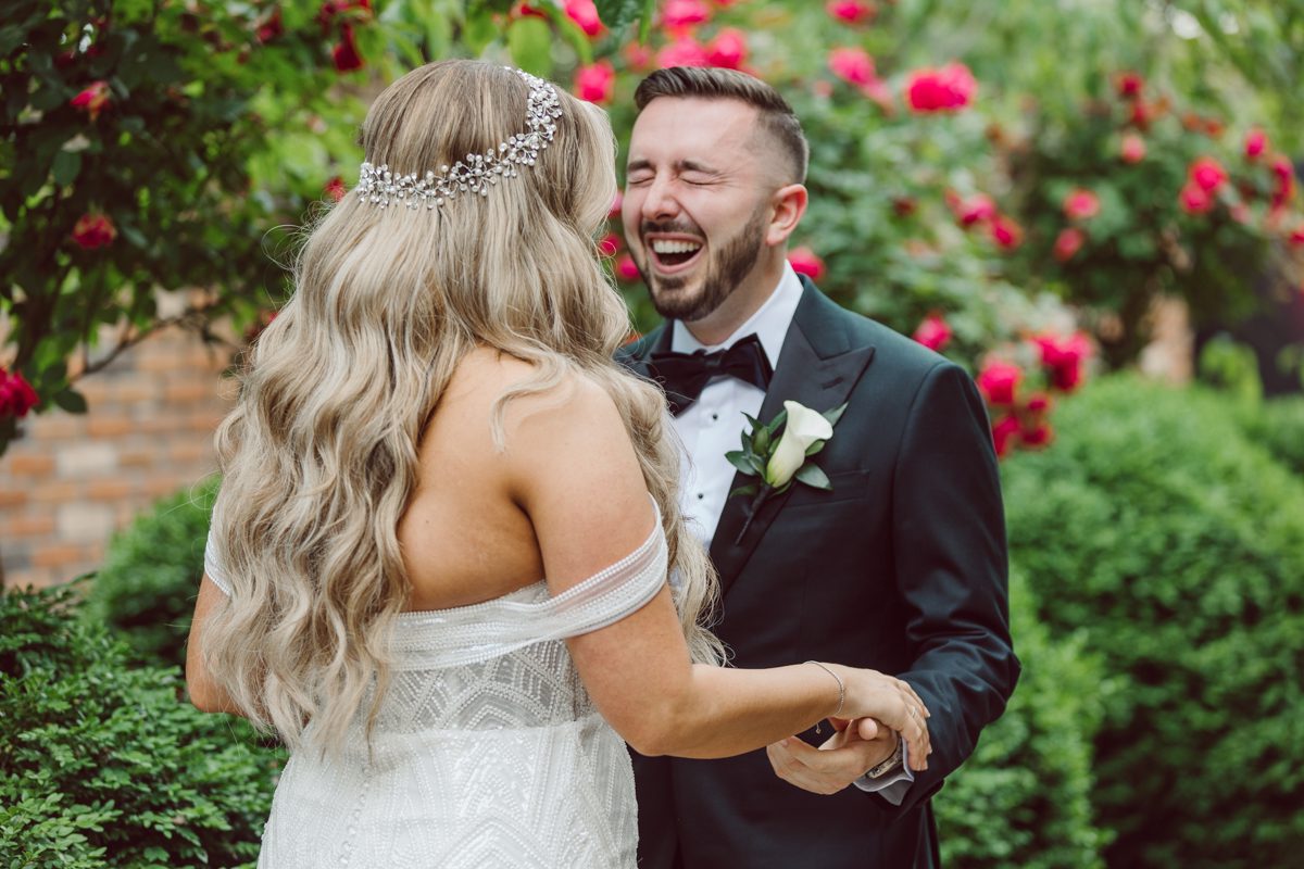 At Florentine Gardens in River Vale NJ celebrating Sam and Mike's wedding. Here at Florentine Gardens you'll get your amazing ballroom, gorgeous landscaped garden and during Sam and Mike's wedding day the roses were in full bloom it was truly beautiful. With roses in full bloom at the rose garden in Florentine Gardens, Sam and Mike's outdoor wedding ceremony was gorgeous bit hot but so gorgeous. And we were fully able to enjoy the roses during Sam and Mike's wedding portrait session. Sam and Mike's Florentine Gardens, NJ wedding captured by Karis from Hey Karis NY, NJ, Brooklyn, Hudson Valley and Catskills Wedding and Elopement Photographer.