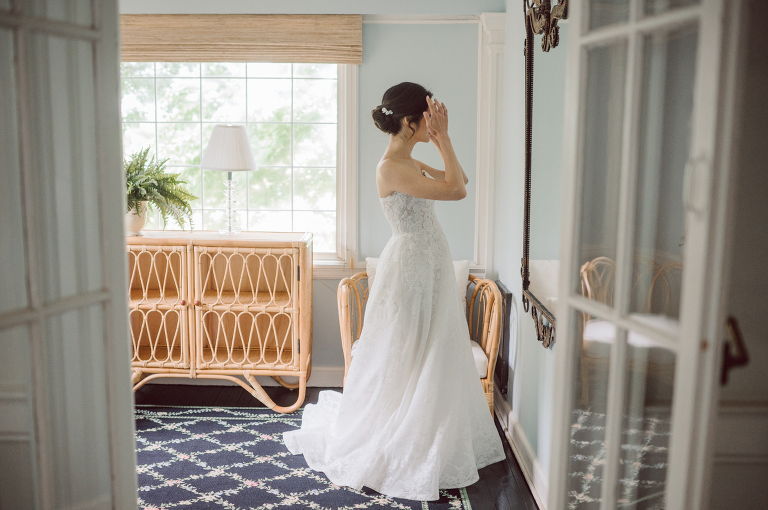 It was misting a bit while I was driving on the morning of Sunny and David's wedding at The Inn at Fernbrook Farms. The greens looked so vibrant and lovely when it's raining, at at The Inn at Fernbrook Farms all the trees, grass and all the greens were so rich. Excited to celebrate Sunny and David and create with them at this cute farm, the inn where Sunny and David will be getting ready and celebrate with their family and friends. Sunny and David did not have a long big wedding because it was not them. They also didn't have any wedding or bridal party. This low key, casual but intimate and real was what Sunny and David wanted in their wedding day and that is exactly what they got. The Inn at Fernbrook Farms Sunny and David's intimate wedding captured by Karis from Hey Karis NY, NJ, Brooklyn, Hudson Valley and Catskills Wedding and Elopement Photographer.