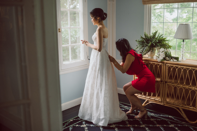 It was misting a bit while I was driving on the morning of Sunny and David's wedding at The Inn at Fernbrook Farms. The greens looked so vibrant and lovely when it's raining, at at The Inn at Fernbrook Farms all the trees, grass and all the greens were so rich. Excited to celebrate Sunny and David and create with them at this cute farm, the inn where Sunny and David will be getting ready and celebrate with their family and friends. Sunny and David did not have a long big wedding because it was not them. They also didn't have any wedding or bridal party. This low key, casual but intimate and real was what Sunny and David wanted in their wedding day and that is exactly what they got. The Inn at Fernbrook Farms Sunny and David's intimate wedding captured by Karis from Hey Karis NY, NJ, Brooklyn, Hudson Valley and Catskills Wedding and Elopement Photographer.