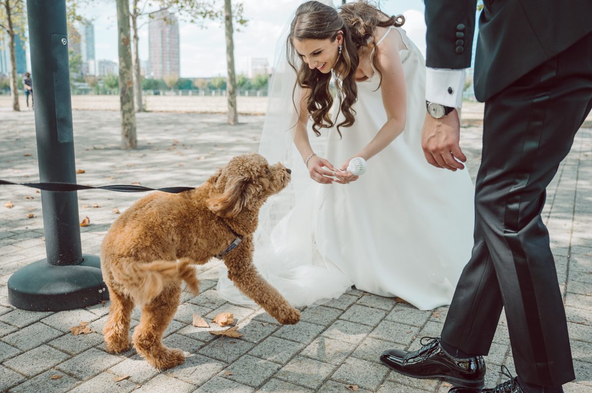 Melanie and Calvin has a fur baby Wilson most adorable Goldendoodle that is a live teddy bear. Wilson is a big part of Melanie and Calvin's lives so they had to have him join in on the wedding celebration at Maritime Parc NJ. Wilson got ready together with Calvin and the guys in the morning while Melanie got ready with her girls and moms. Then we headed to Liberty State Park where Maritime Parc is located in Jersey City, NJ Melanie and Calvin saw each other for the first time, read each other's vows in private under a tree at Liberty State Park, then Wilson joined them for some quick photos. Melanie and Calvin got married under a chuppah in the main ballroom at Maritime Parc, followed by fun night of reception. Melanie and Calvin's Maritime Parc Jersey City NJ wedding captured by Karis from Hey Karis NY, NJ, Brooklyn, Hudson Valley and Catskills Wedding and Elopement Photographer.
