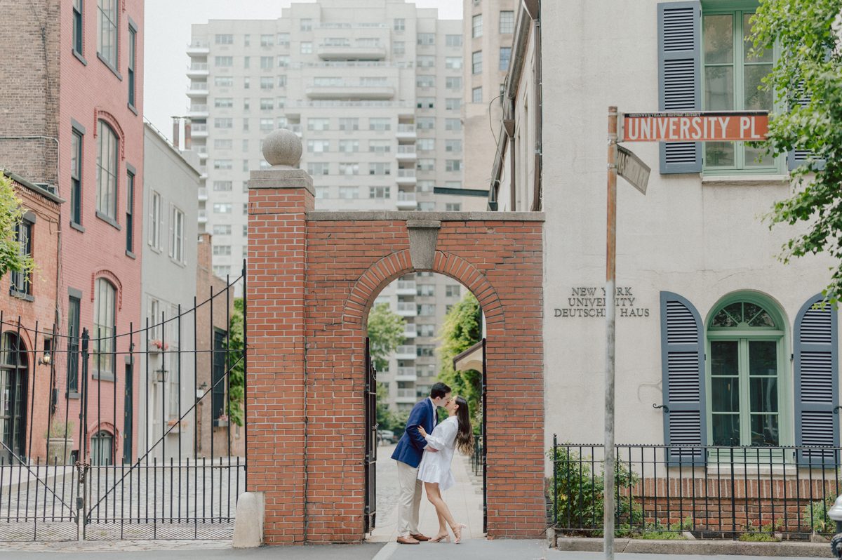Washington Square Park along with University St as well as Washington Mews were all very quiet and empty Saturday morning. Unusually empty and that is when I realized NYU along with all colleges/universities were out for the summer which means all the students left NYC for the summer. Also meant we had the luxury of having the whole Washington Mews to ourselves during Renee and Sam's engagement session. We walked up and down the cobble stone street of Washington Mews choosing which backdrop, which colorful brick wall and which rustic door we liked best. Roses and green vines covered the walls of Washington Mews making us feel like as if we were in streets of Europe. Washington Mews is truly a gem in this concrete jungle called Manhattan. Renee and Sam's Washington Mews NY Engagement Session documented by by Karis | Hey Karis | Catskills, Hudson Valley NY elopement and wedding photographer | Brooklyn NY elopement and wedding photographer | Manhattan NY elopement and wedding photographer | Hey Karis is fun documentary wedding and elopement photographer.
