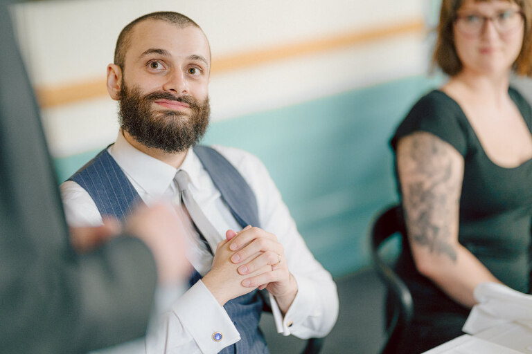 Ari and Kevin are big nature lovers, and they love the outdoors. For their intimate elopement they chose James A McFaul Environmental Center for their intimate wedding ceremony joined by their immediate family. Total of 10 people standing around Ari and Kevin surrounded by nature Ari & Kevin's sweetest wedding ceremony was held. Ari and Kevin looked at each other with the sweetest smiles it almost melted us. After the sweetest wedding ceremony at James A McFaul Environmental Center I took some wedding photos of Ari and Kevin then we left for Ari and Kevin's small and intimate dinner with family at Jockey Hollow Bar & Kitchen Morristown NJ. Morristown is such a beautiful town, and in front of Jockey Hollow Bar & Kitchen is such a picturesque backdrop with long water fountain, trees and flowers. So before Ari and Kevin sat down for their intimate dinner with family we walked around Morristown for quick photos. Then all 10 of them sat down in a private room at Jockey Hollow Bar & Kitchen to celebrate Ari and Kevin's union. Air and Kevin's James A McFaul Environmental Center and Jockey Hollow Bar & Kitchen Morristown NJ Elopement documented by by Karis | Hey Karis | Catskills, Hudson Valley NY elopement and wedding photographer | Brooklyn NY elopement and wedding photographer | Manhattan NY elopement and wedding photographer | Hey Karis is fun documentary wedding and elopement photographer.